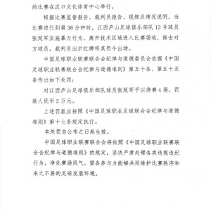 雷速体育官方入口-官方：江西庐山球员张延军实施暴力行为染红，被停赛4场+罚款2万